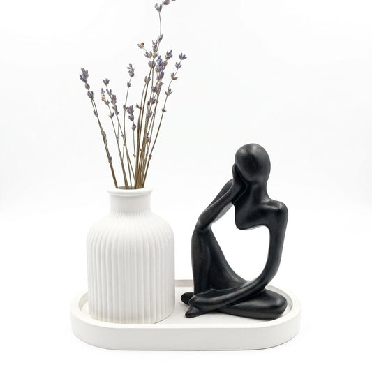 Set of 3 Home Decor Showpiece – Thinker Statue + Mini Vase + Oval Tray | Cement & Gypsum | Gift for Home, Office