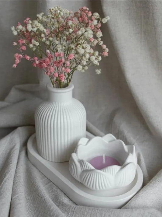Minimalist white home decor set with ribbed mini vase, tulip pot and oval tray styled with flowers