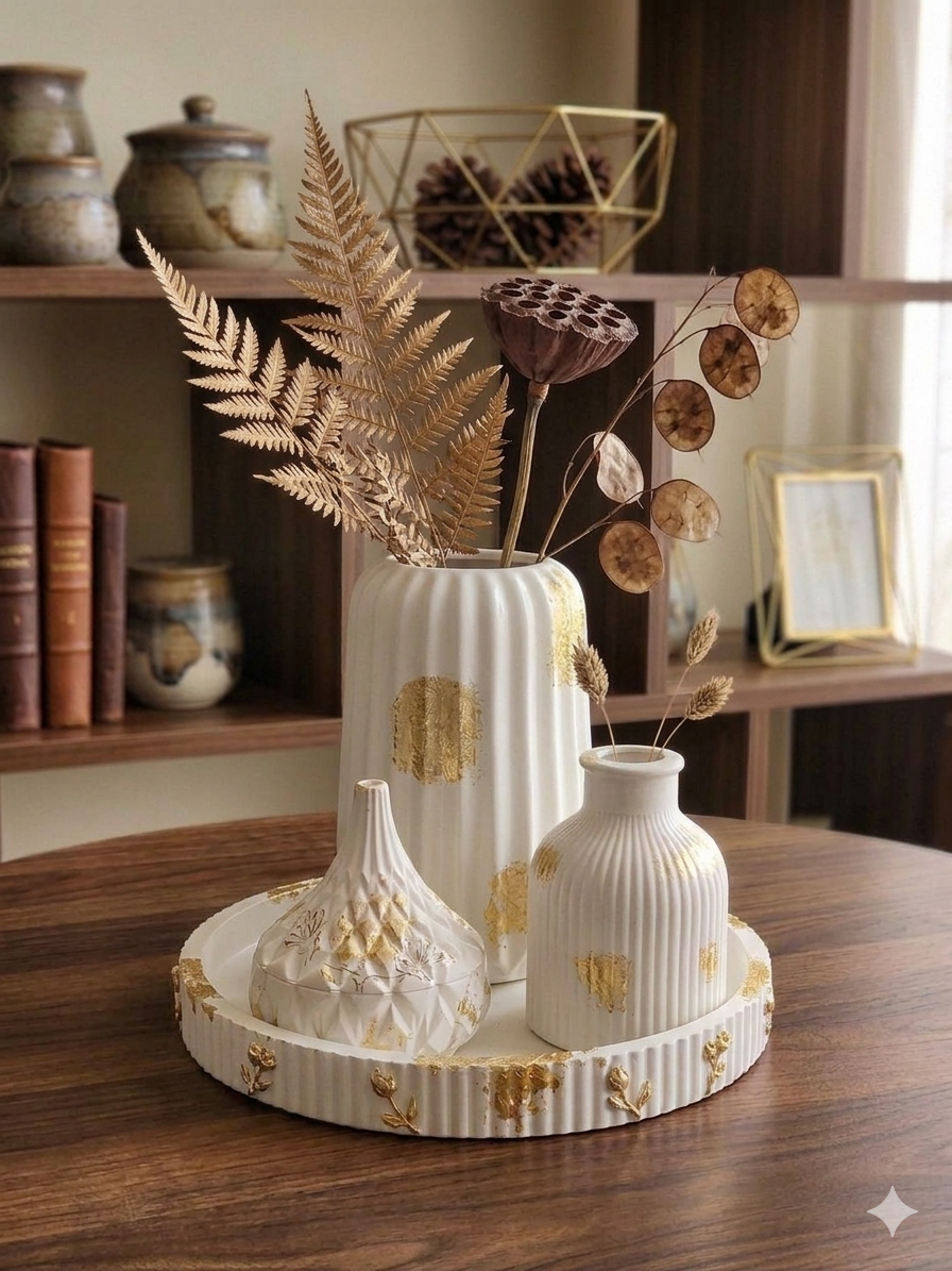 Elegant Marble & White Ribbed Home Decor Set