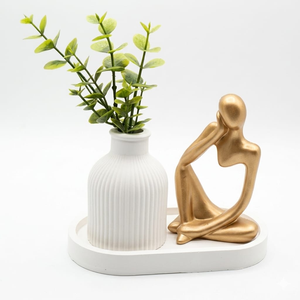 Set of 3 Home Decor Showpiece – Thinker Statue + Mini Vase + Oval Tray | Cement & Gypsum | Gift for Home, Office