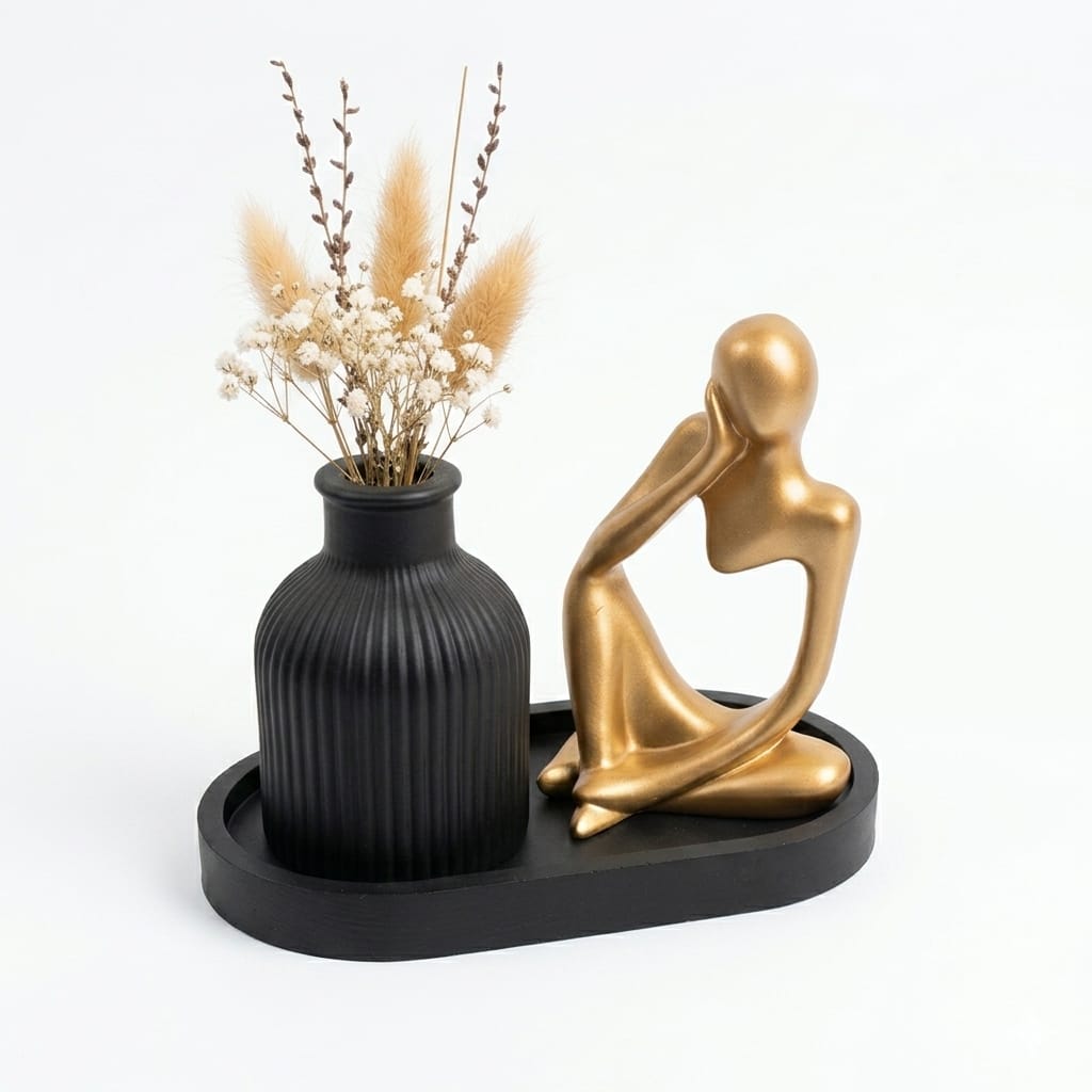 Set of 3 Home Decor Showpiece – Thinker Statue + Mini Vase + Oval Tray | Cement & Gypsum | Gift for Home, Office