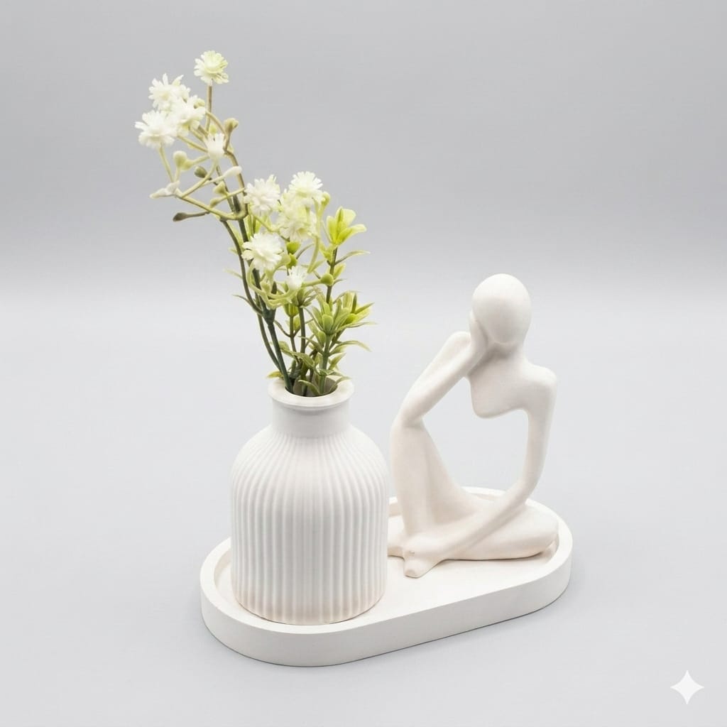 Set of 3 Home Decor Showpiece – Thinker Statue + Mini Vase + Oval Tray | Cement & Gypsum | Gift for Home, Office