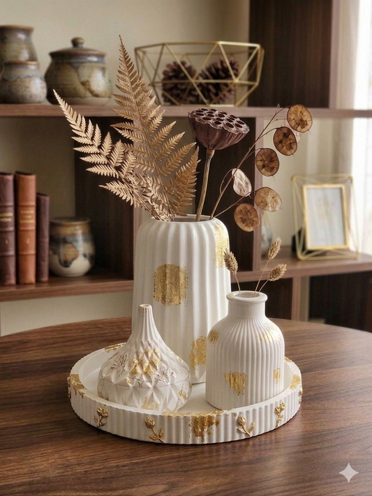 Elegant Marble & White Ribbed Home Decor Set