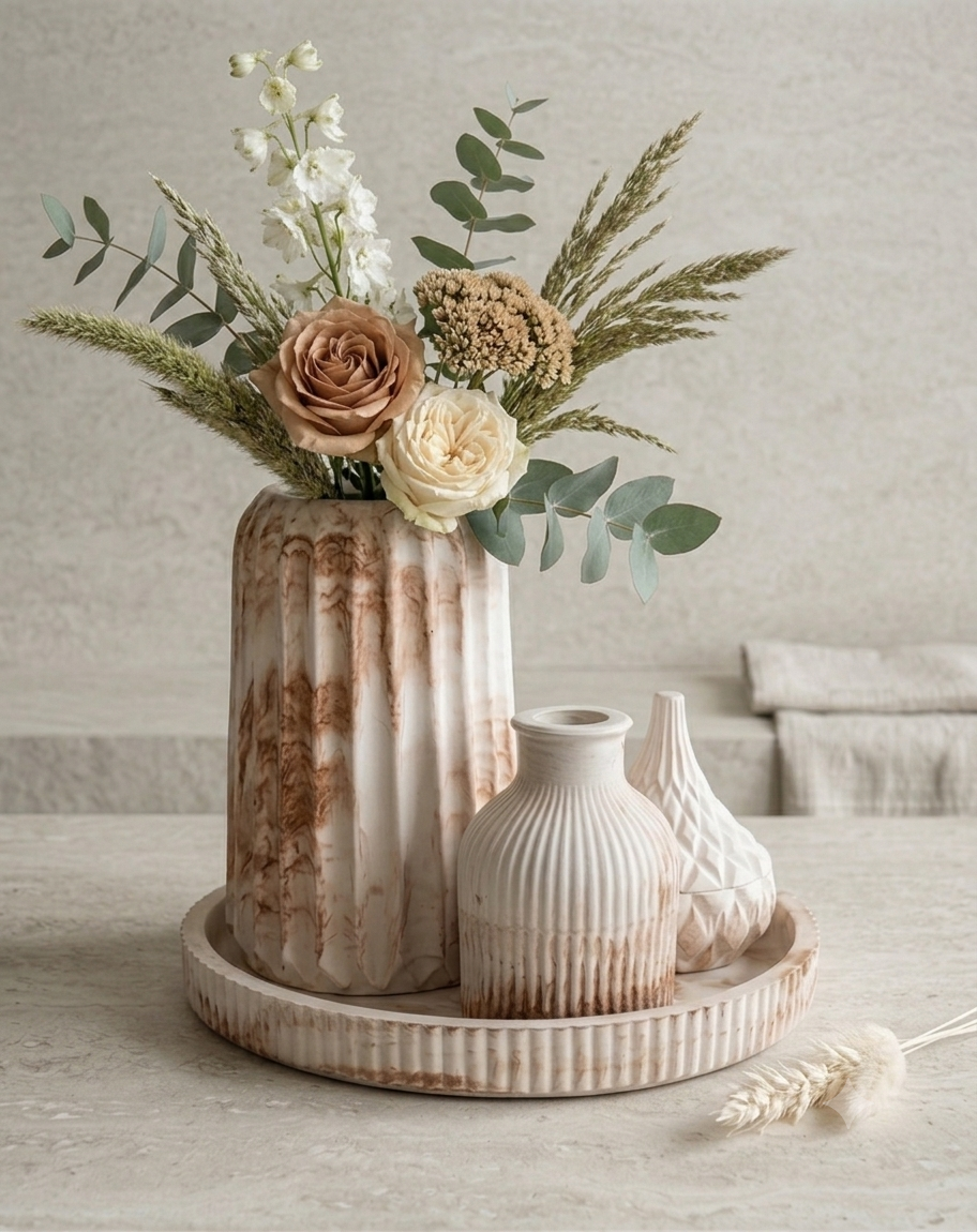 Elegant Marble & White Ribbed Home Decor Set